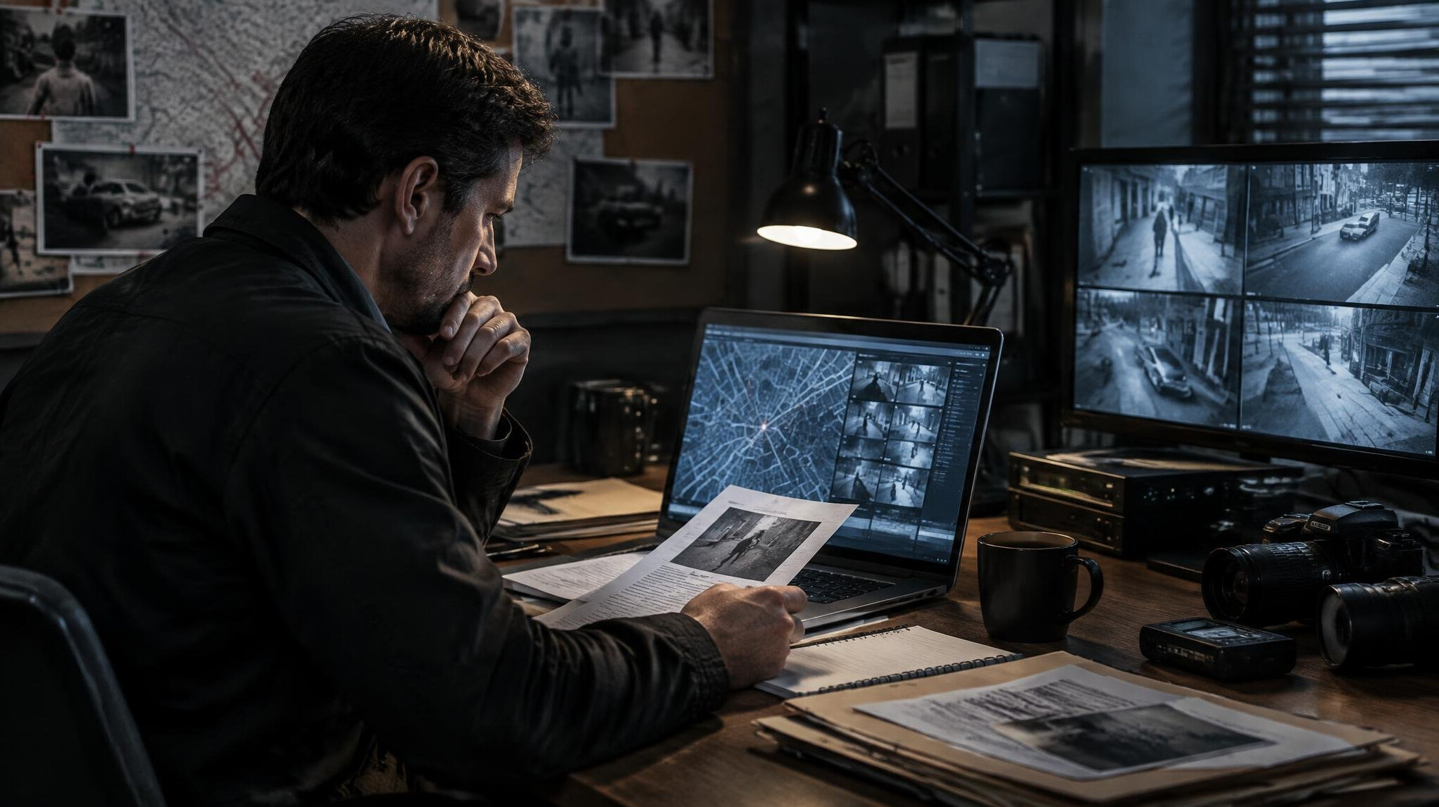 detective analyzing data on laptop