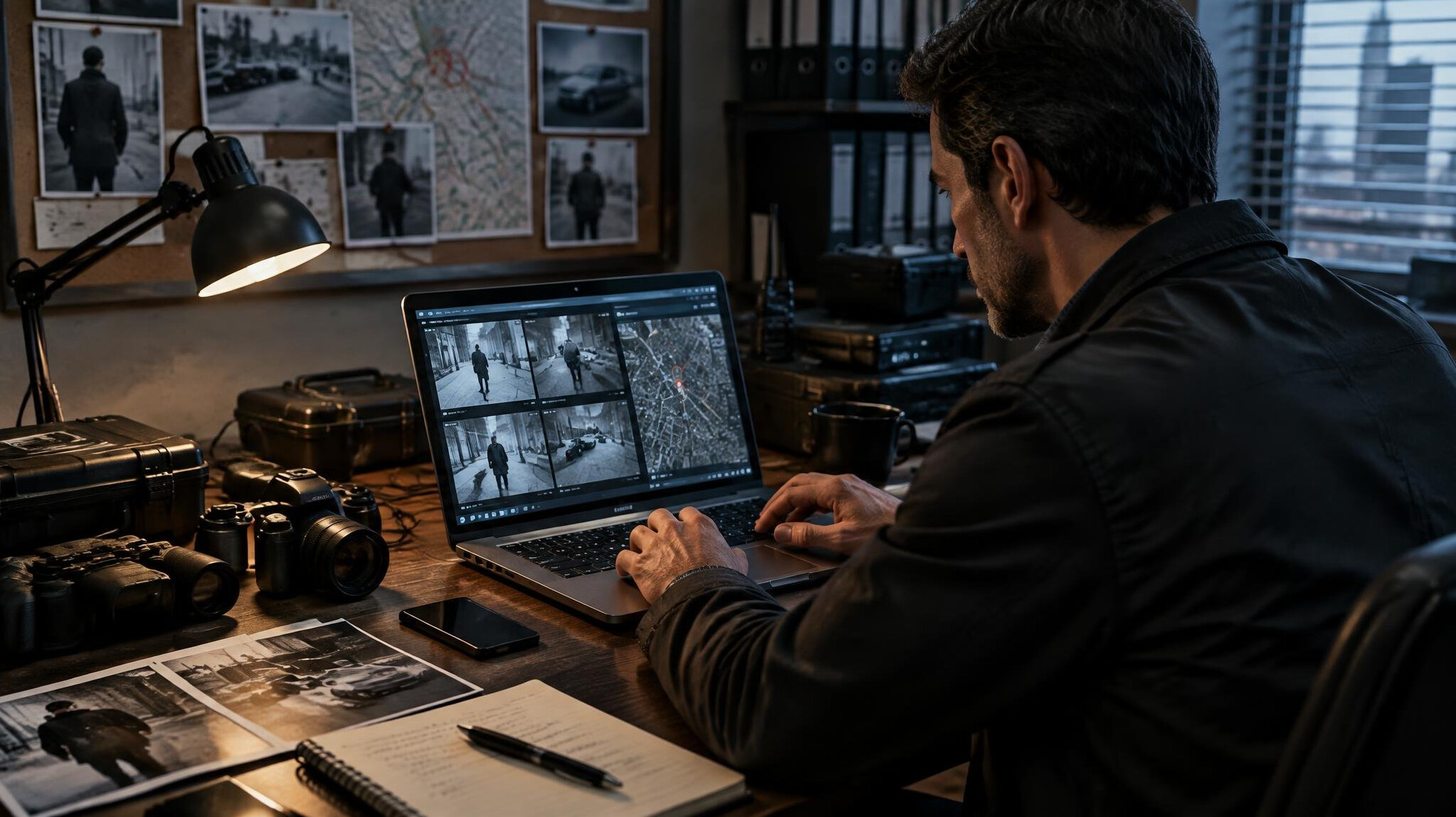 private investigator using laptop